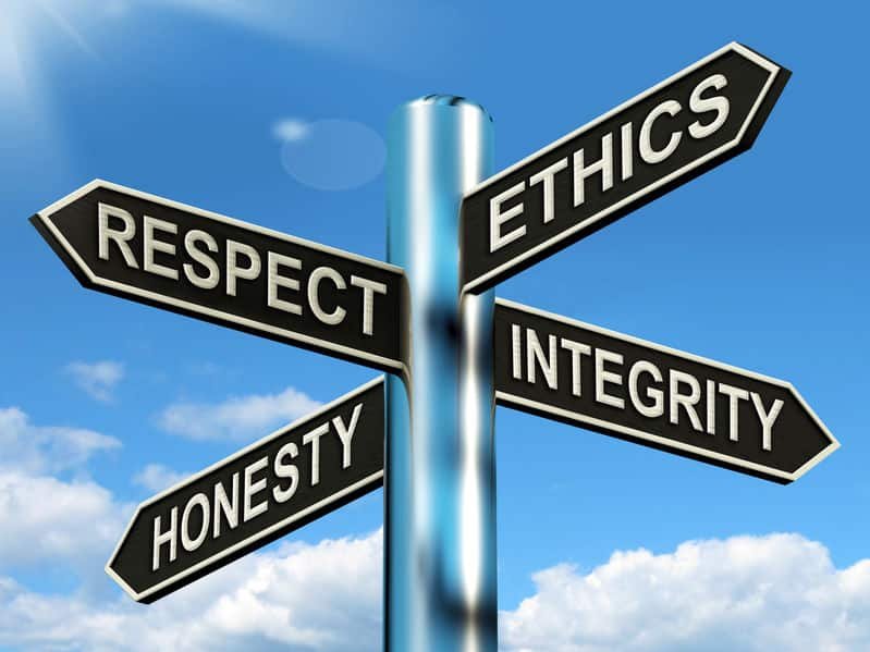 Wegwijzer met integrity, ethics, honesty en respect